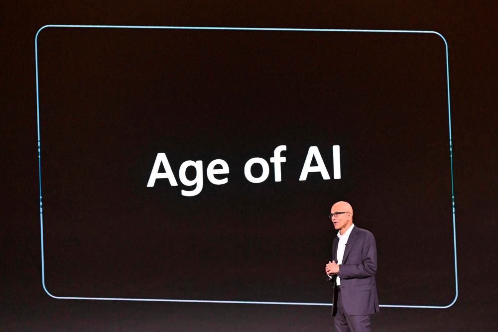 Microsoft CEO Satya Nadella delivers a speech during an event named Microsoft Build AI Day in Jakarta today - BERNAMApix