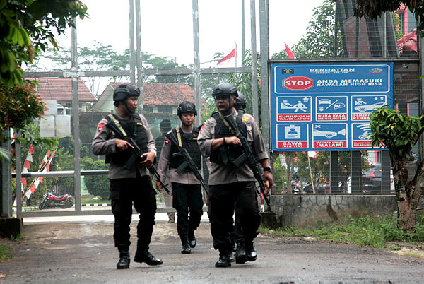 Indonesian security personnel patrol the perimeter of Gunung Sindur prison in Bogor — AFP