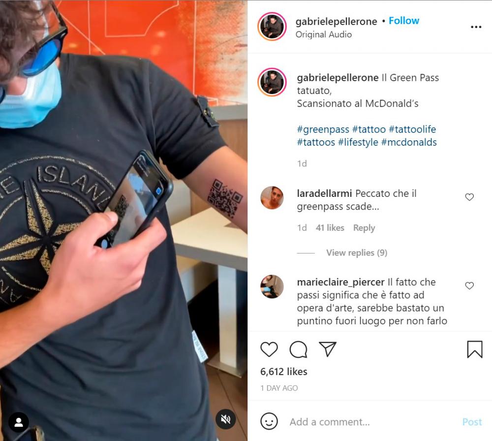 $!A screenshot from a video showing Colonetta using his vaccine pass tattoo to enter McDonald’s. – Gabriele Pellerone Instagram