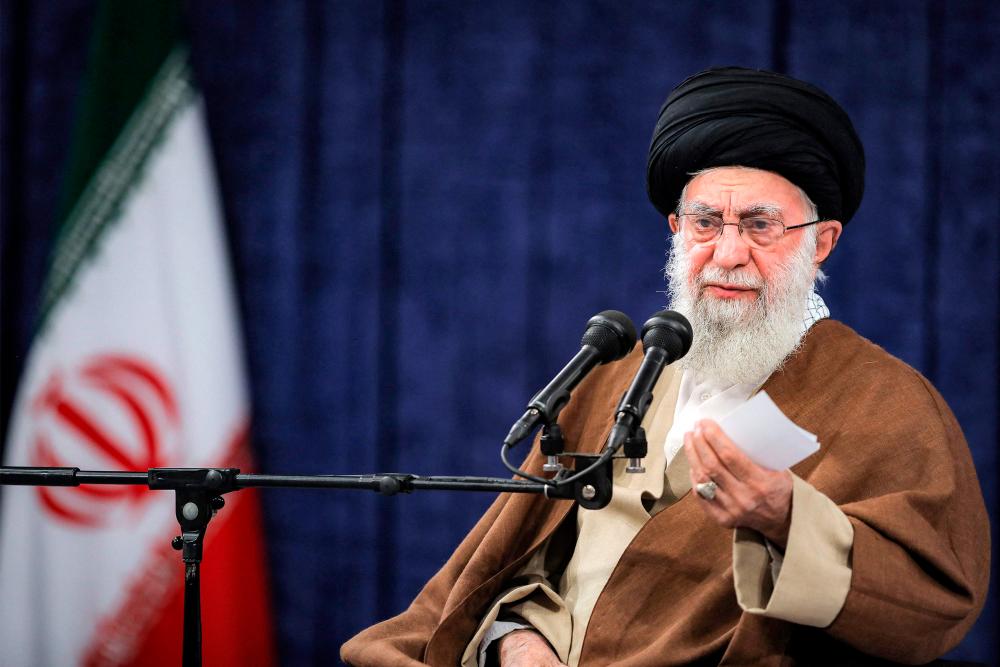 This handout picture provided by the office of Iran’s Supreme Leader Ayatollah Ali Khamenei shows him speaking before an audience in Tehran on October 25, 2023. AFPPIX