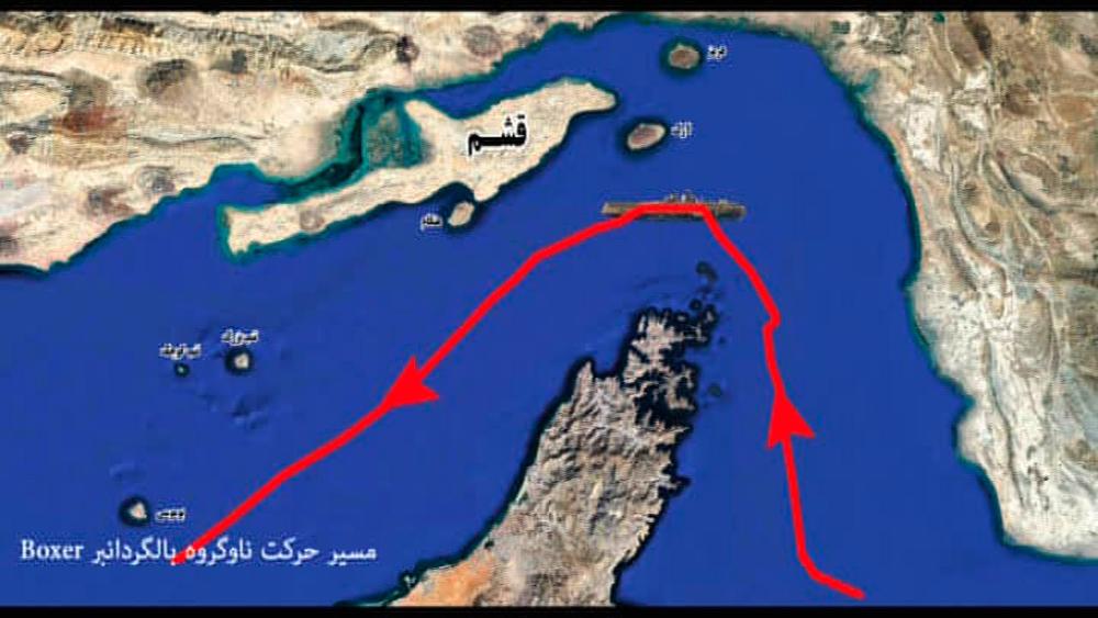 An image grab taken from a broadcast by Iran's Islamic Revolutionary Guard Corps (IRGC) on July 19, 2019 reportedly shows footage obtained from an IRGC drone, showing a map of the route taken by the US amphibious assault ship USS Boxer Iran's Revolutionary Guards released a video on July 19 claiming it belies the claim that the Boxer had downed an Iranian drone. - AFP