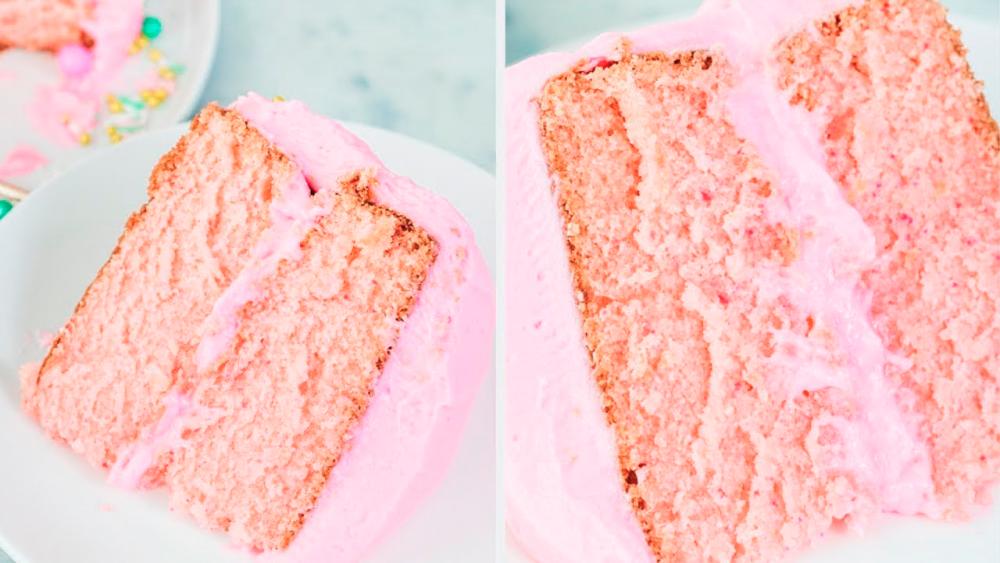 $!Moist pink sponge cake filled with creamy cream cheese frosting. – PIC FROM YOUTUBE @ISCREAMFORBUTTERCREAM