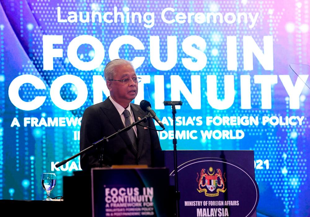 Prime Minister Datuk Seri Ismail Sabri Yaakob delivered a speech during the Launching Ceremony Focus In Continuity ‘A Framework for Malaysia’s Foreign Policy In A Post-Pandemic World’ today. — BERNAMApix