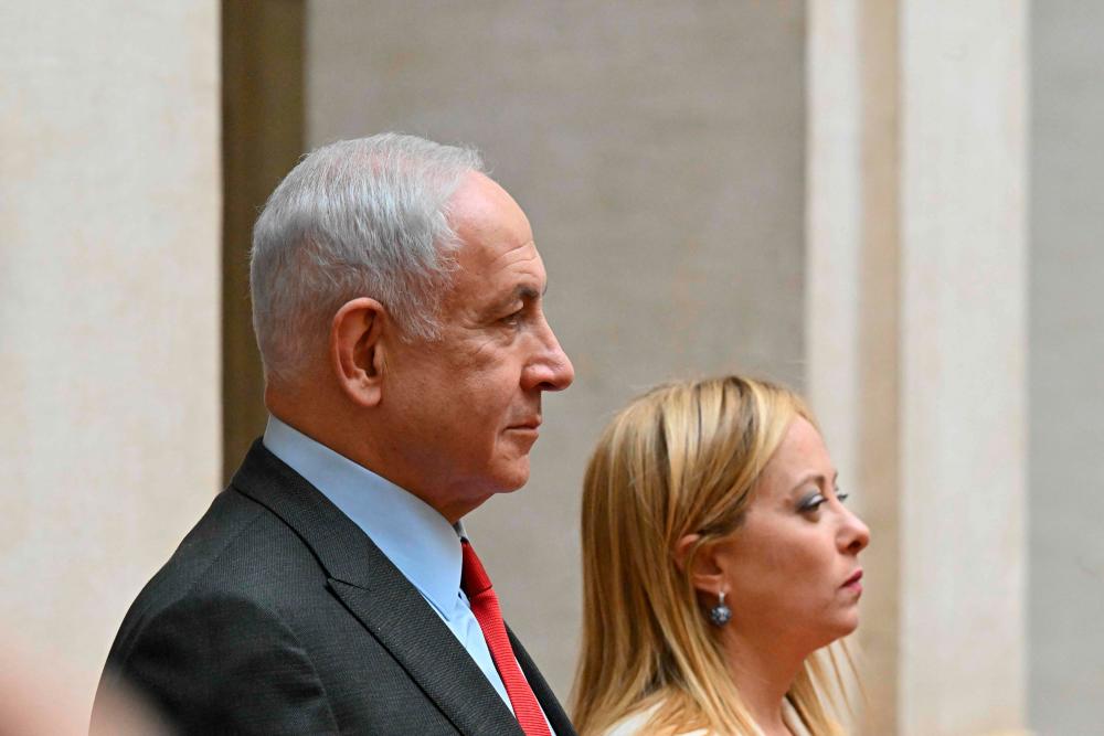 Israel’s Prime Minister Benjamin Netanyahu arrives for a meeting with his Italian counterpart on March 10, 2023 at Palazzo Chigi in Rome. AFPPIX