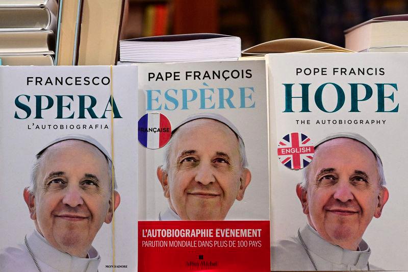 A bookshop displays autobiographies of Pope Francis in the shopwindow, near St Peter's square, in The Vatican on March 03, 2025.- AFPPIX