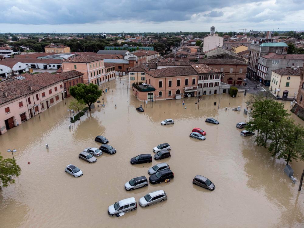 This aerial photograph shows flooded streets in the town of Lugo, near Ravenna, on May 18, 2023, after heavy rains caused flooding across Italy’s northern Emilia Romagna region/AFPPix