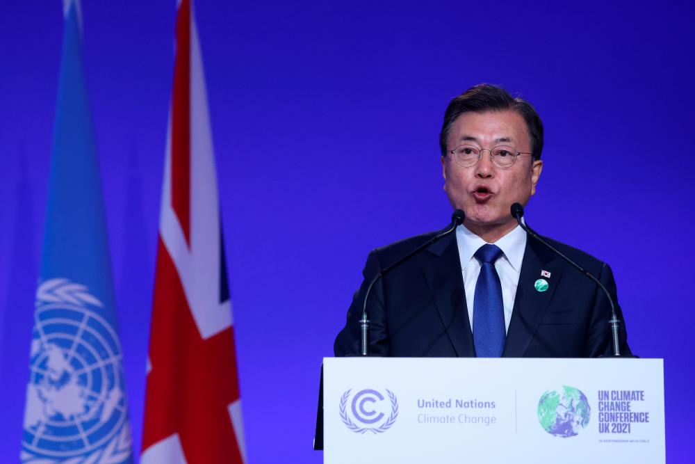 South Korea's President Moon Jae-in speaks during the UN Climate Change Conference (COP26) in Glasgow, Scotland, Britain, November 1, 2021. REUTERSpix