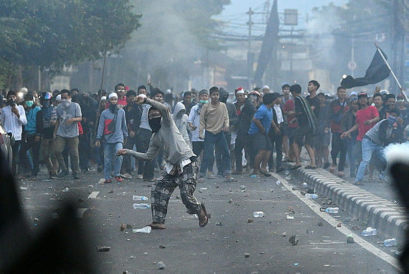 Police clash with protesters after clashes in Jakarta, Indonesia, early May 22, 2019 in this photo taken by Antara Foto.