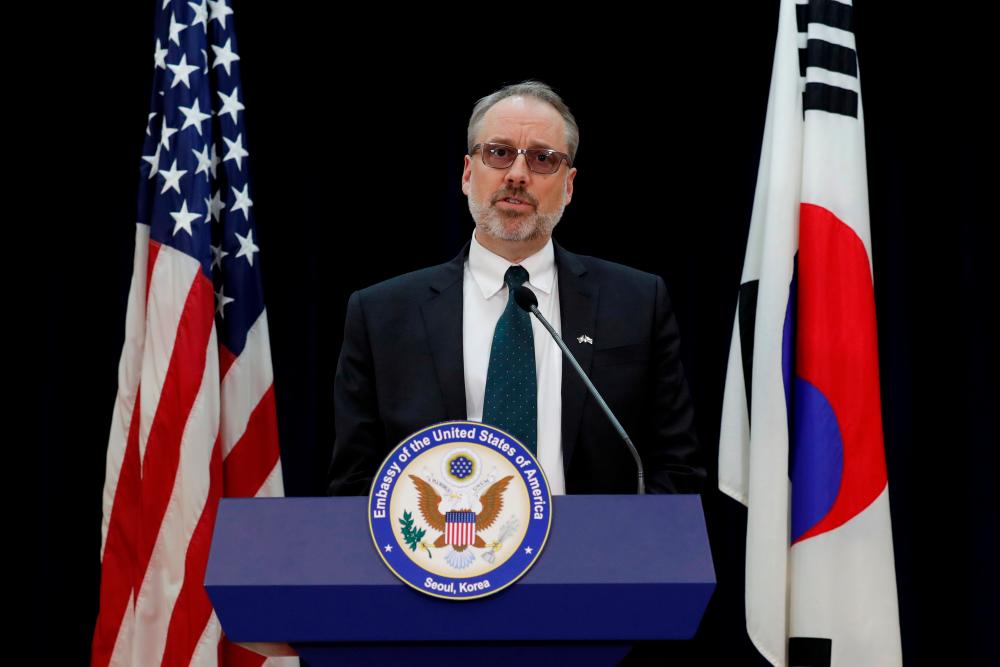 James DeHart, US Department of State’s a senior advisor for security negotiations and agreements bureau of political-military affairs, speaks after a meeting with South Korean counterpart on the Special Measures Agreement (SMA) at the public affairs section of the US Embassy in Seoul, South Korea November 19, 2019. - Reuters