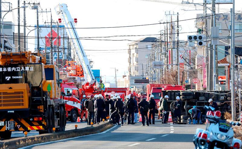 Rescue operations continue for a truck driver after his vehicle was swallowed up by a sinkhole at a prefectural road intersection the day before, in the city of Yashio, Saitama Prefecture on January 29, 2025. AFPpix