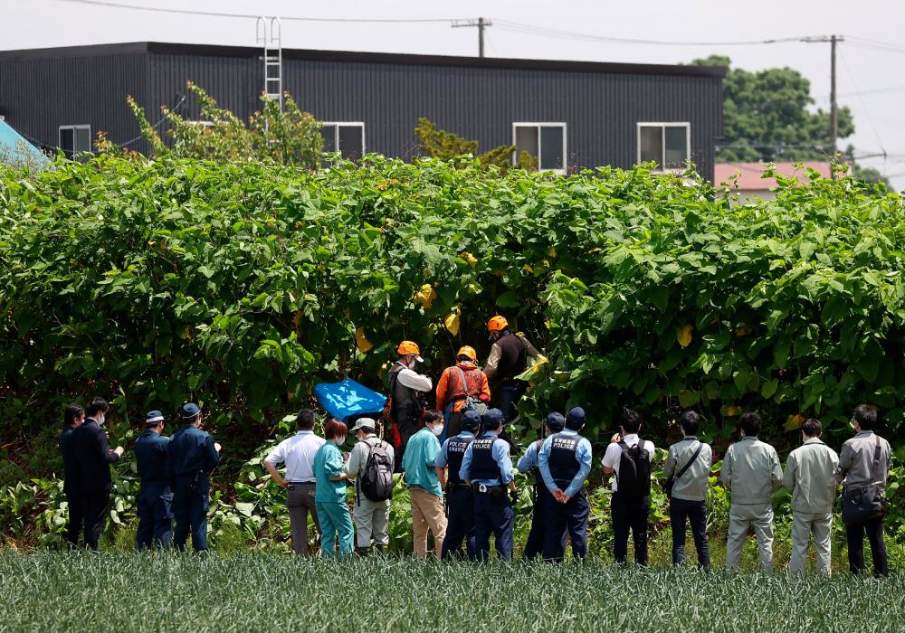 Police officers and members of a hunting group search for a brown bear that is on the loose in Sapporo, Hokkaido prefecture on June 18, 2021. A brown bear was on the loose in the northern Japanese city of Sapporo, with the government warning residents to stay home after the animal injured four people including a soldier. – AFP