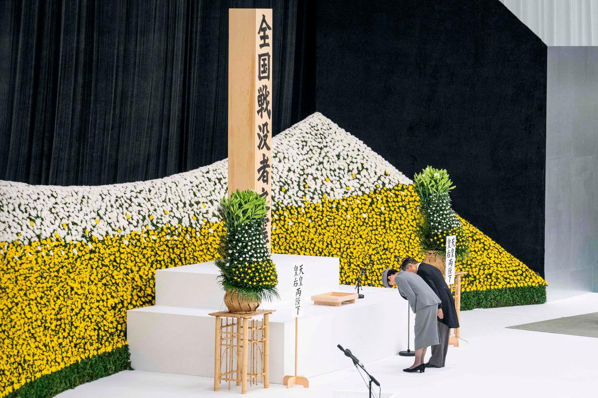 Japan’s Emperor Naruhito (R) and Empress Masako bow as they attend a memorial service marking the 80th anniversary of Japan’s surrender in World War II at the Nippon Budokan hall in Tokyo on August 15. AFPPix