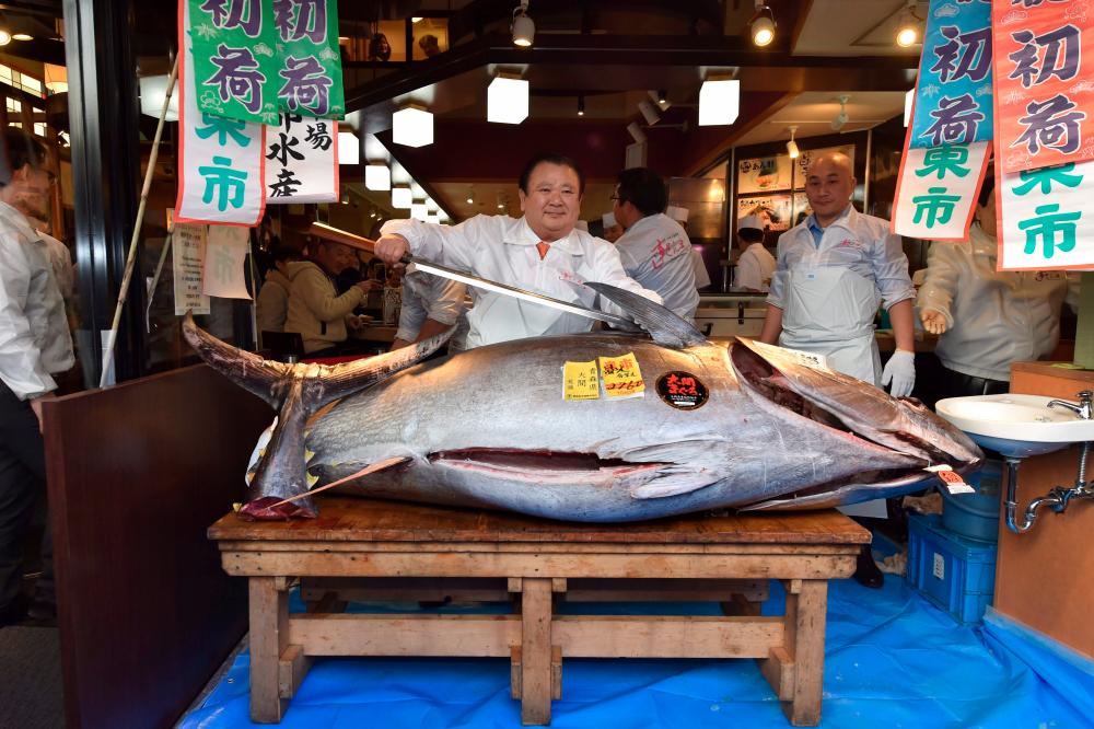 Kiyoshi Kimura (L), president of Kiyomura Corp., the Tokyo-based operator of sushi restaurant chain Sushizanmai, looks on as employees slice up a bluefin tuna the company bought for 193.2 million yen (1.8 million USD) at auction at his main restaurant in Tokyo on January 5, 2020. / AFP / Kazuhiro NOGI