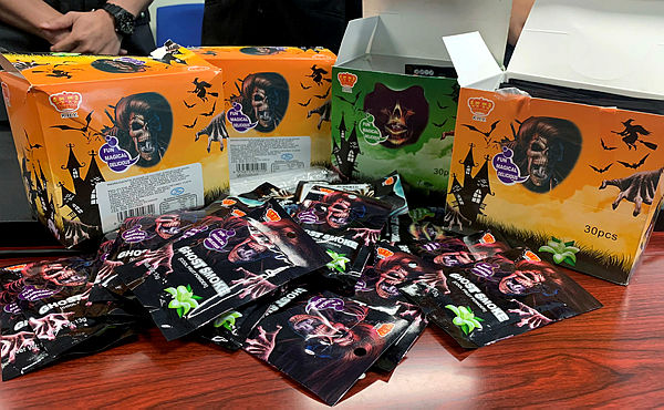Filepix taken on July 25 shows ‘Ghost Smoke Cool Fruit Powder’ packets that were seized by the Domestic Trade and Consumer Affairs Ministry, in Johor Baru. — Bernama