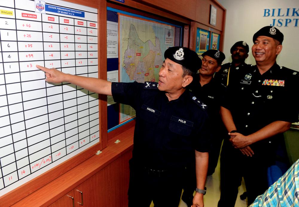 JSPT deputy director Datuk Mohd Nadzri Hussain (L) points out statistics related to ‘Op Selamat’ in conjunction with Chinese New Year at a press conference at the Johor Baru police headquarters today. - Bernama