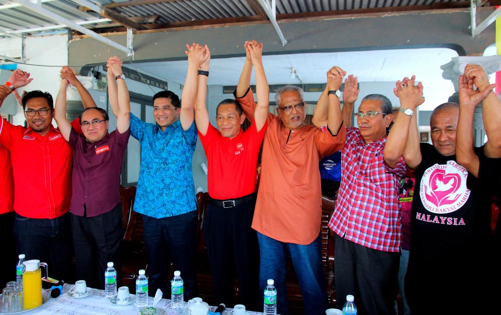 PKR deputy president Mohamed Azmin Ali (3rd from L) with PH candidate for the Tanjung Piai by-election Karmaine Sardini (C) at a campaigning event on Nov 10, 2019. - Bernama