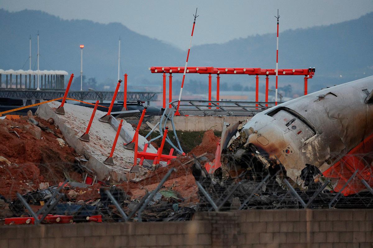 The wreckage of the Jeju Air aircraft that went off the runway and crashed at Muan International Airport lies near a concrete structure it crashed into, in Muan, South Korea, December 30, 2024. - REUTERS/Kim Hong-Ji/File Photo