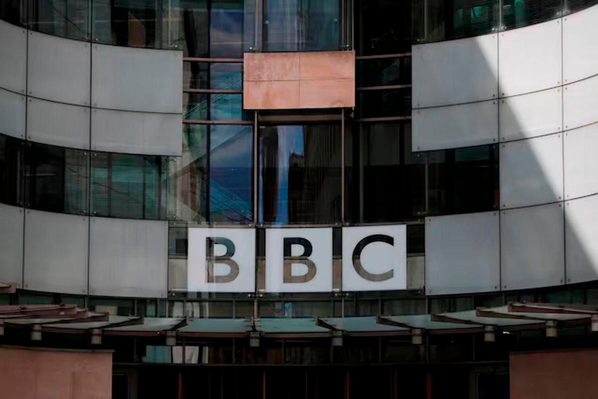 The BBC logo is displayed above the entrance to the BBC headquarters in London, Britain, July 10, 2023. REUTERS/Hollie Adams/File Photo