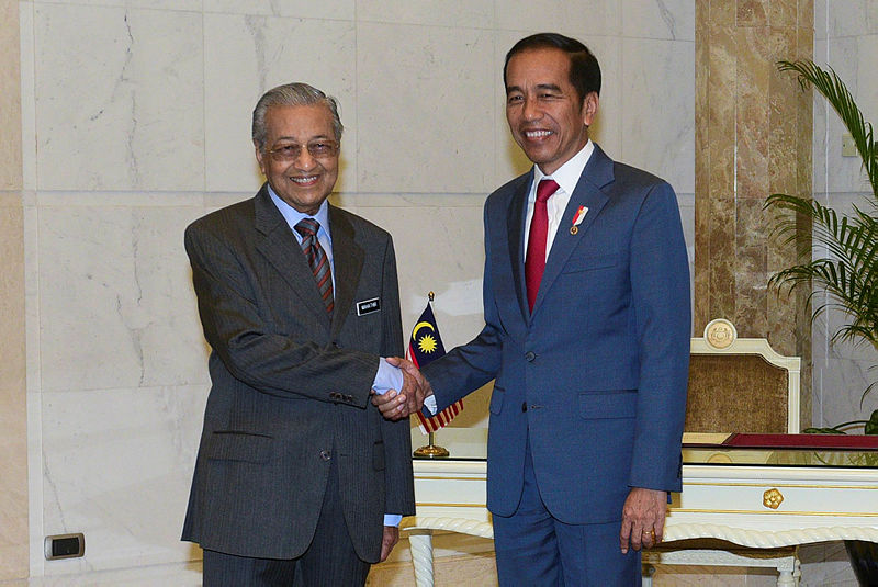 This handout from Ministry of Communications and Multimedia taken and released on Aug 9, 2019 shows Prime Minister Tun Dr Mahathir Mohamad (L) and Indonesia’s President Joko Widodo shaking hands during the official welcoming ceremony in Putrajaya. — AFP