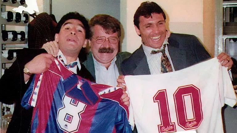 Jose Maria Minguella (centre), the coach and agent who brought Diego Maradona (left) to Barcelona.