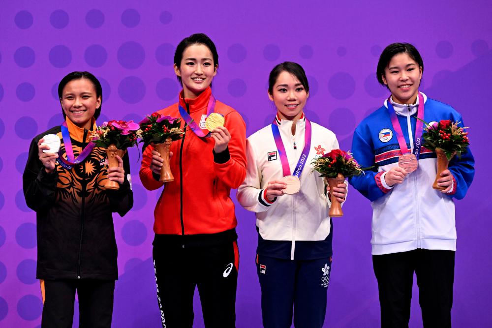 Japan’s Kiyou Shimizu (2/L) celebrates winning gold in the women’s individual Kata with silver medallist Malaysia’s Robberth Lovelly Anne (L), and bronze medallists Mo Lau (2) and Philippines’ Sakura Alforte (R) at the Hangzhou 2022 Asian Games in Hangzhou in China’s eastern Zhejiang province on October 5, 2023. AFPPIX