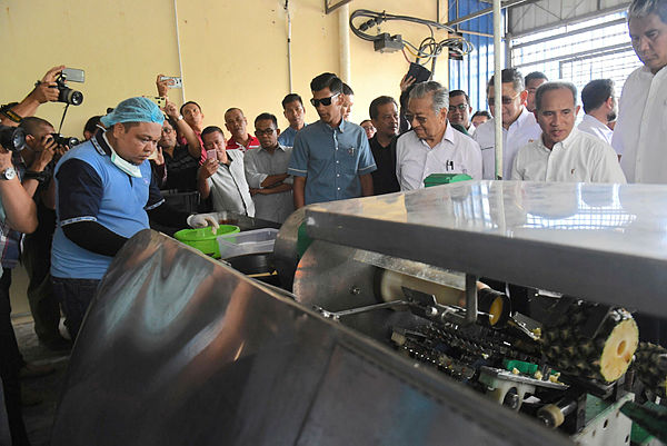 Prime Minister Tun Dr Mahathir Mohamad inspects the pineapple juice manufacturing process at a fruit juice factory owned by Nanas Merbok Sdn Bhd in Gurun on March 31, 2019. — Bernama