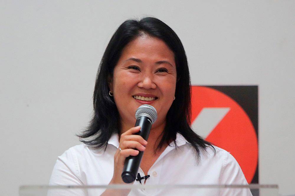 Peru’s presidential candidate Keiko Fujimori, leader of the Popular Force party, addresses the media in Lima, Peru April 14, 2021. — AFP