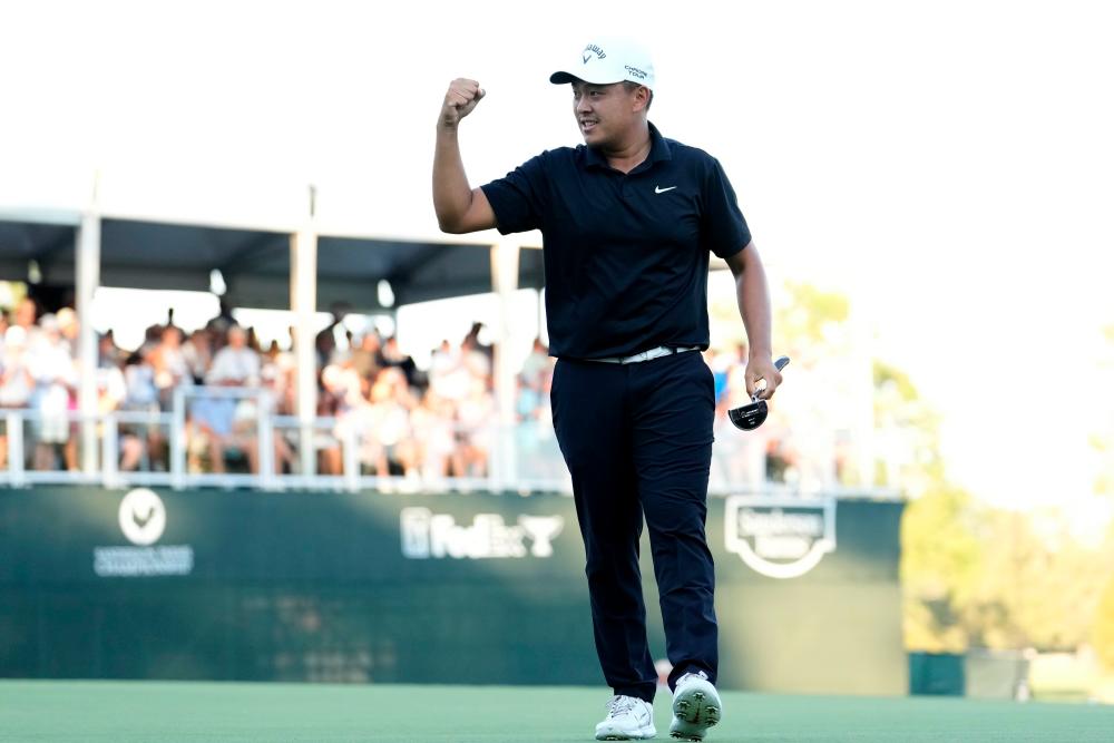 Kevin Yu of Chinese Taipei reacts to his winning putt on the 18th green during the first playoff hole during the final round of the Sanderson Farms Championship 2024 at the Country Club of Jackson on Oct 06, 2024 in Jackson, Mississippi. – Getty Images/PGA TOUR