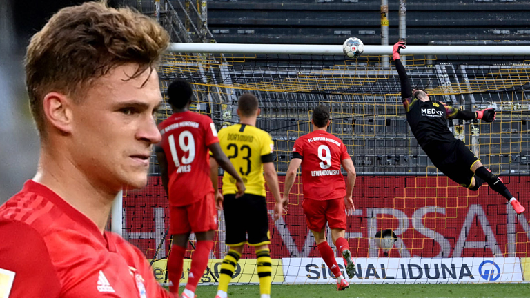 Borussia Dortmund’s goalkeeper Roman Buerki (right) fails to keep out the opening goal scored by Bayern Munich’s Joshua Kimmich (inset left) during the German Bundesliga on May 26, 2020 in Dortmund. – AFPPIX