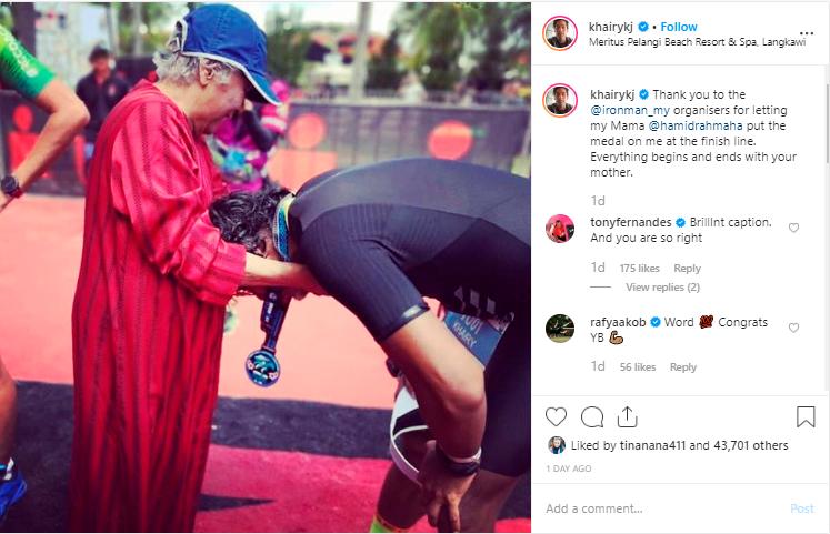 Screenshot of Khairy’s Instagram post, a picture of him recieving his Ironman 70.3 Langkawi medal from his mother.