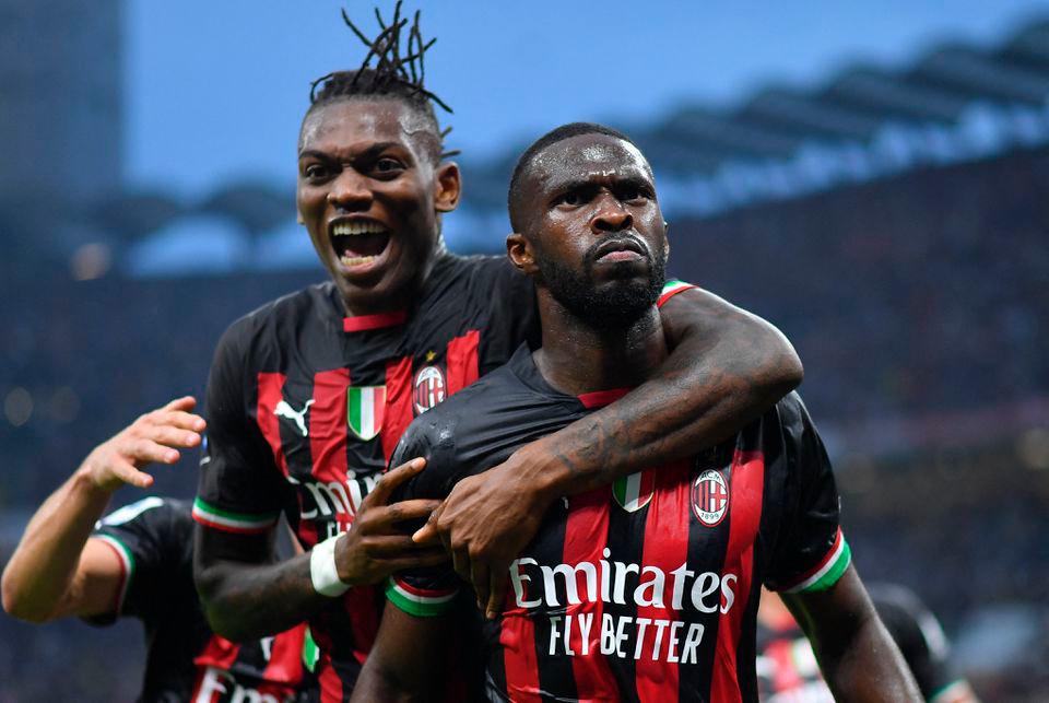 Soccer Football - Serie A - AC Milan v Juventus - San Siro, Milan, Italy - October 8, 2022 AC Milan’s Fikayo Tomori celebrates scoring their first goal with Rafael Leao REUTERSPIX