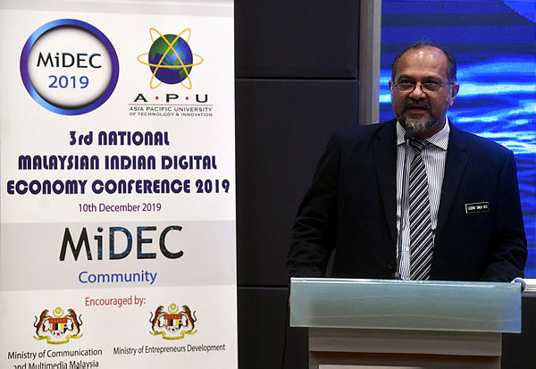 Communications and Multimedia Minister Gobind Singh Deo while giving a speech during the launch of 3rd National Malaysian Indian Digital Economy Conference 2019 at Asia Pasific University of Technology and Innovation today. — Bernama