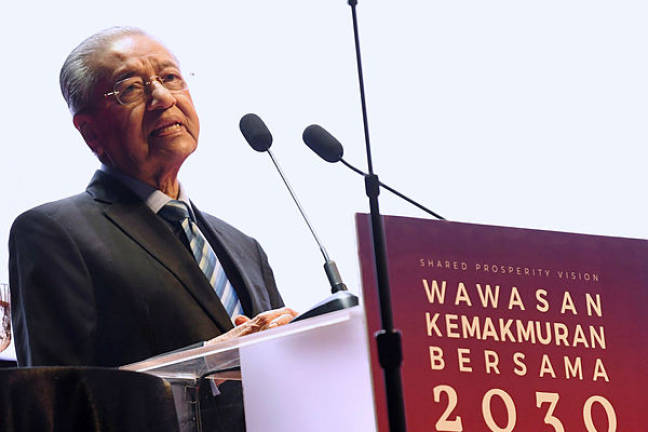 Prime Minister Tun Dr Mahathir Mohamad speaking during the launch of the Shared Prosperity Vision 2030 (WKB2030) at KLCC today. — Bernama