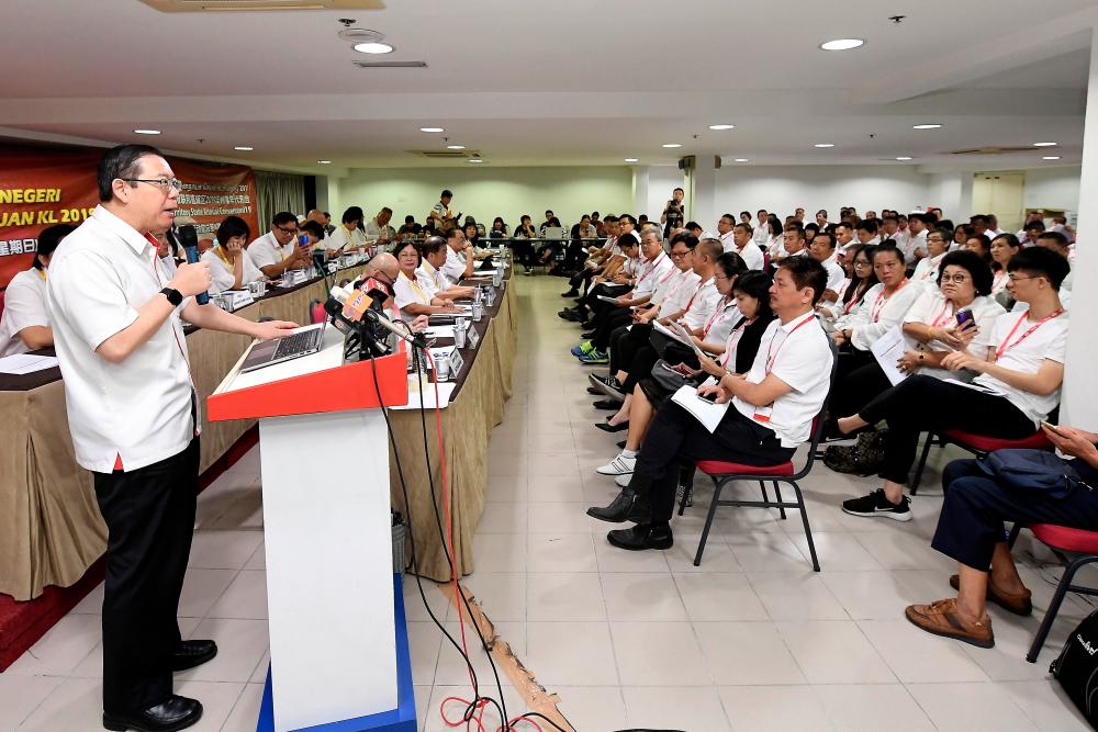 Finance Minister Lim Guan Eng, who is also DAP secretary-general, speaks during the opening of the 2019 Kuala Lumpur Federal Territories DAP Convention today. - Bernama