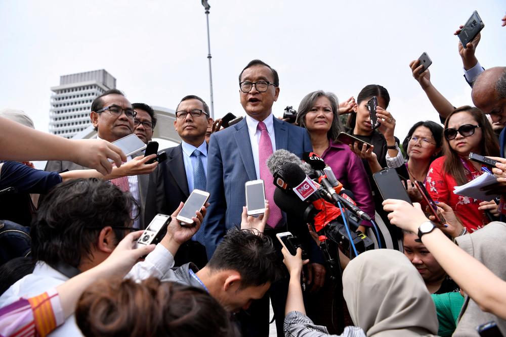 President of the Cambodia National Rescue Party (CNRP) Sam Rainsy during a press conference after holding a meeting at Parliament today. - Bernama