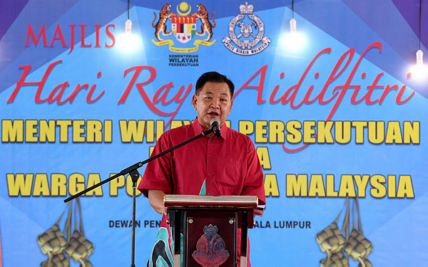 Inspector-General of Police Datuk Seri Abdul Hamid Bador delivers a speech at the Hari Raya open house at Police Training Centre, Kuala Lumpur today. — Bernama