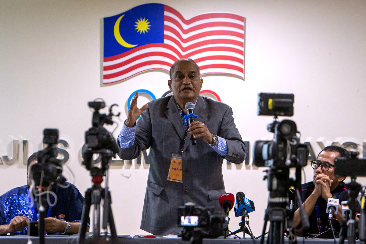 President of the Malaysia Athletics Federation (KOM), Datuk Karim Ibrahim, during a press conference for the top posts of the 2025-2029 term at the Malaysia Athletics Annual General Meeting at Wisma OCM today.