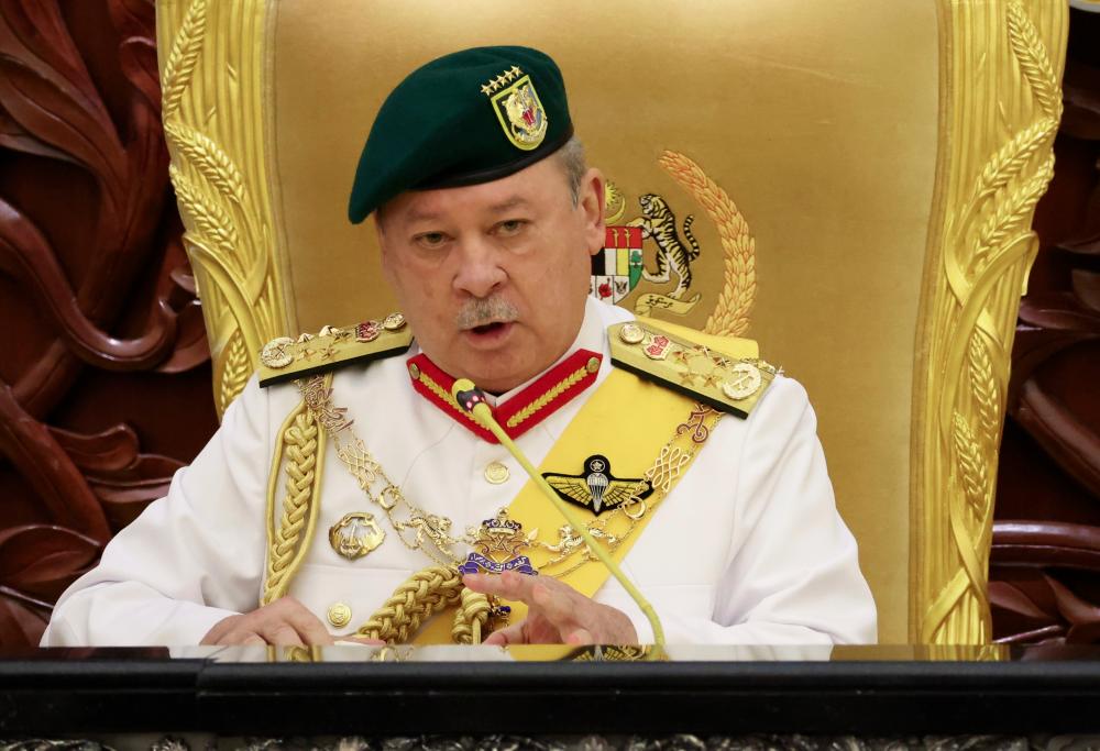 Yang di-Pertuan Agong Sultan Ibrahim delivers the royal address when gracing the opening of the First Meeting of the Third Session of the 15th Parliament in Dewan Rakyat, today. - BERNAMAPIX