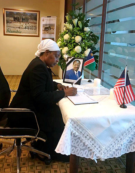 Filepix taken on May 29 shows Namibian High Commissioner to Malaysia Anne Namakau Mutelo signing a condolences book for the passing of Namibia’s former Vice President Dr Nickey Iyambo on May 19.