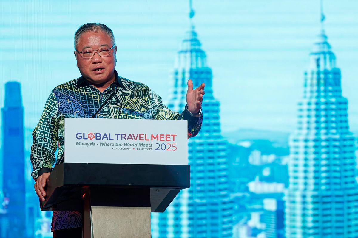 Tourism, Arts and Culture Minister Datuk Seri Tiong King Sing delivers his speech at the Global Travel Meet Gala Dinner 2025 and Launching of Calendar of Event 2026 Tourism Malaysia at a hotel yesterday.