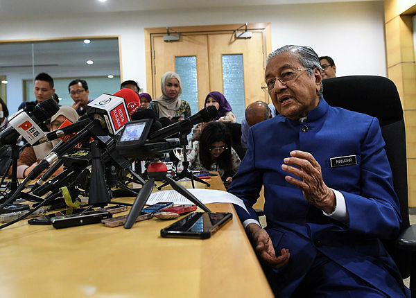 Prime Minister Tun Dr Mahathir Mohamad answers questions from the media during a special media conference at the Yayasan Al-Bukhary, Kuala Lumpur on April 19, 2019. — Bernama