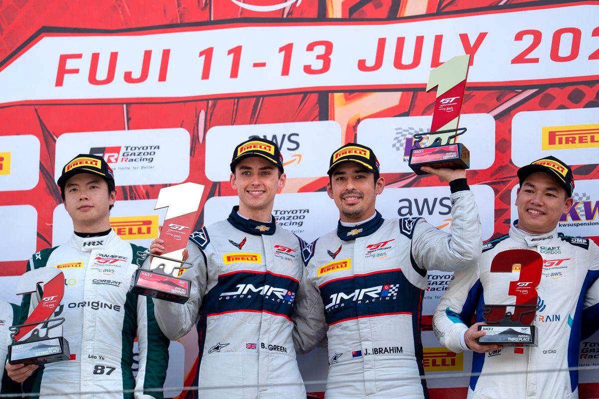 Pasukan Johor Motorsports Racing (JMR) terus mencipta sensasi di pentas antarabangsa apabila Tunku Panglima Johor Tunku Abdul Rahman Sultan Ibrahim (dua, kanan) menjuarai Perlumbaan 2 Kejohanan GT World Challenge Asia di Fuji International Speedway, Jepun hari ini- BERNAMA