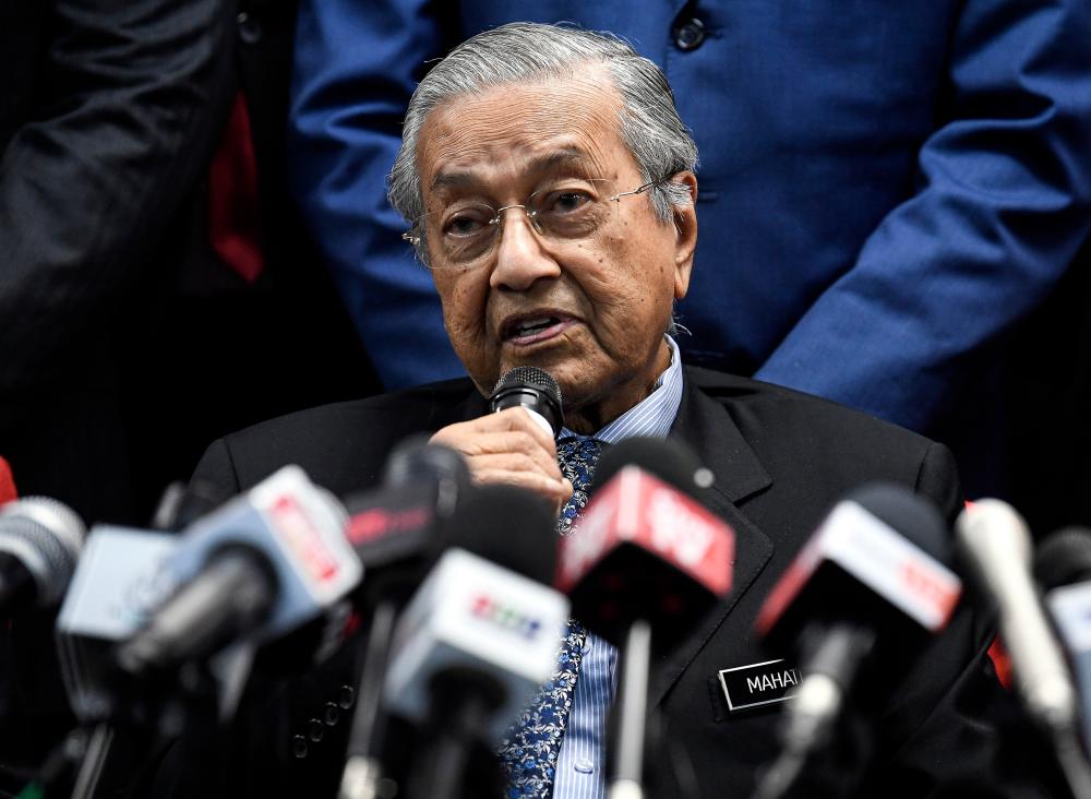 Prime Minister Tun Dr Mahathir Mohamad speaks at a press conference after chairing the Parti Pribumi Bersatu Malaysia (PPBM) supreme council meeting in Petaling Jaya. - Bernama