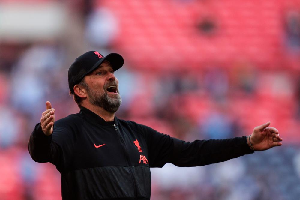 In this file photo taken on April 16, 2022 Liverpool's German manager Jurgen Klopp celebrates at the end of the English FA Cup semi-final football match between Liverpool and Manchester City at Wembley Stadium in north west London. AFPpix