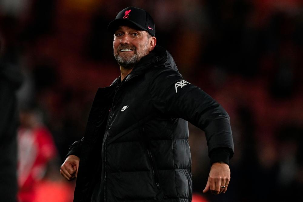 Liverpool's German manager Jurgen Klopp celebrates at the end of the English Premier League football match between Southampton and Liverpool at St Mary's Stadium in Southampton, southern England on May 17, 2022. AFPpix