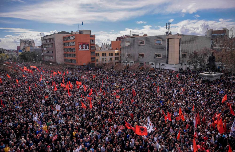 Thousands of Kosovo Albanians marched on April 2, 2023 protesting against announced opening of the war and crimes against humanity trial of former guerrilla leader and president Hashim Thaci and his three close associates on April 3, 2023 in The Hague/AFPPix