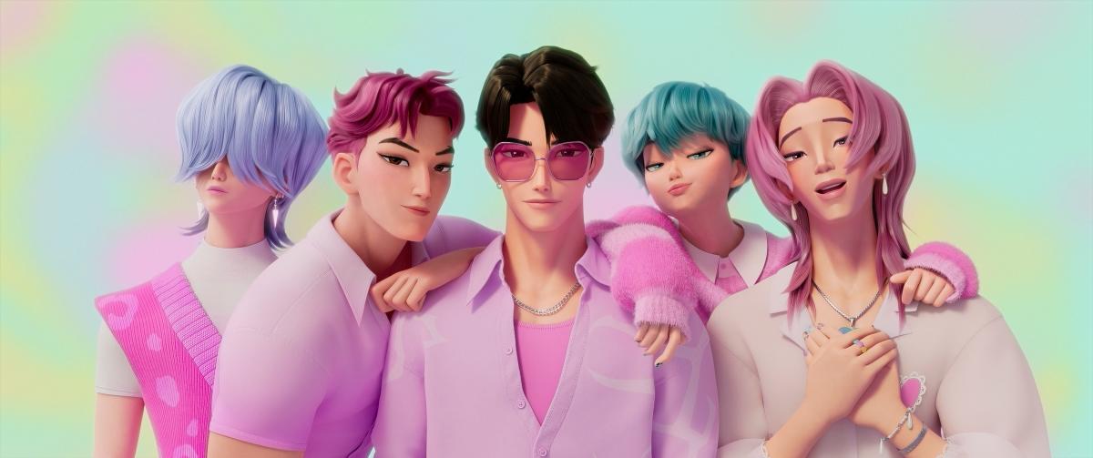 $!Mystery (voiced by Lee, sung by Woo), Abby (voiced by Cho, sung by Neckwav), Ji-noo (voiced by Ahn, sung by Choi), Baby (sung by Chung), and Romance (voiced by Kim, sung by Lee) bring deadly harmony as the Saja Boys.
