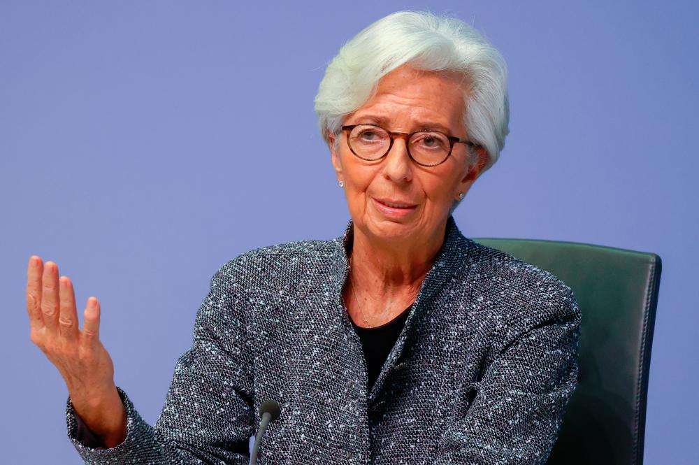 Lagarde gestures as she addresses a news conference on the outcome of the meeting of the Governing Council, in Frankfurt today. – REUTERSPIX