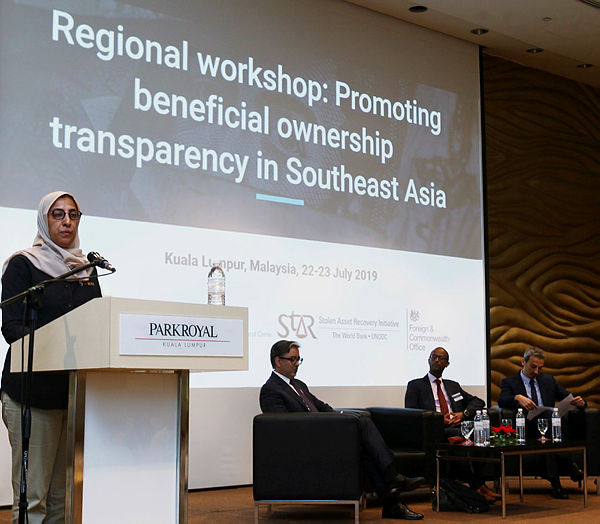 MACC Chief Commissioner Latheefa Koya delivers her keynote address during the Regional Workshop Promoting Beneficial Ownership Transparency in Southeast Asia, on July 22, 2019. — Sunpix by Zulkifli Ersal