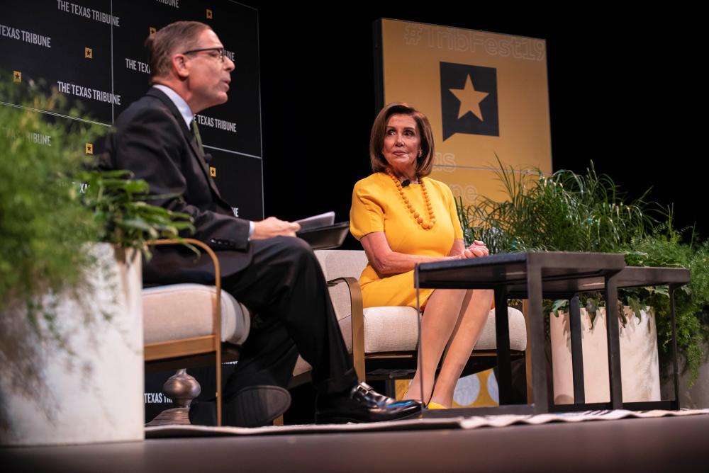 Speaker of the House of Representatives, Nancy Pelosi speaks with Texas Tribune CEO, Evan Smith during a panel at The Texas Tribune Festival on September 28, 2019 in Austin, Texas. - AFP